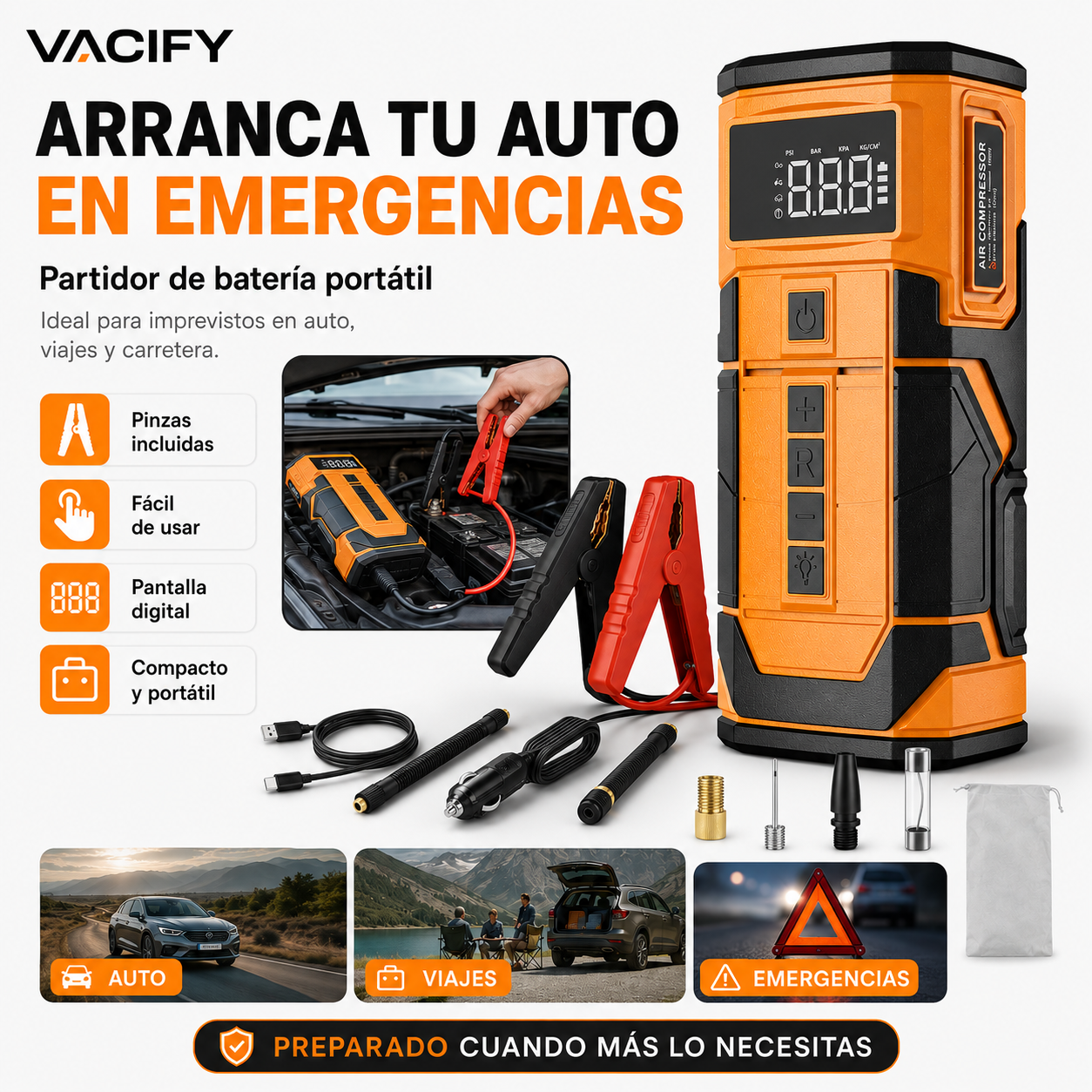 Partidor de Batería e Inflador de Neumáticos Portátil 2 en 1