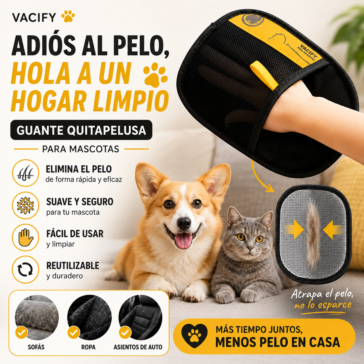 Guante Quitapelusa para Mascotas | Elimina Pelo de Sofás, Ropa y Auto
