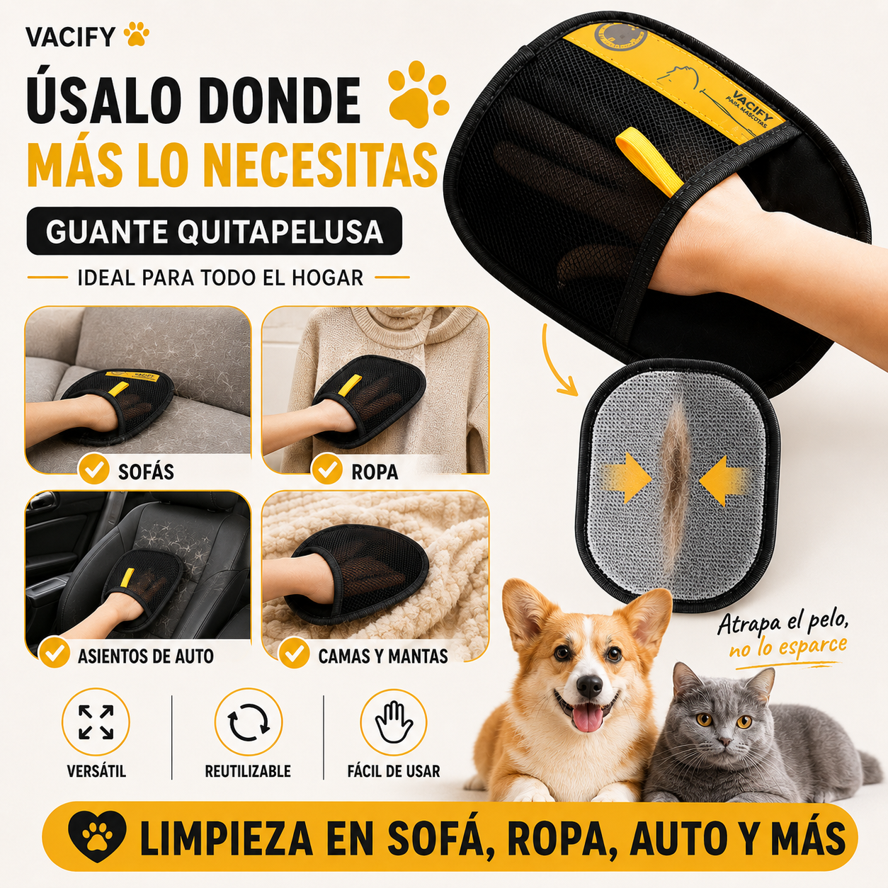 Guante Quitapelusa para Mascotas | Elimina Pelo de Sofás, Ropa y Auto