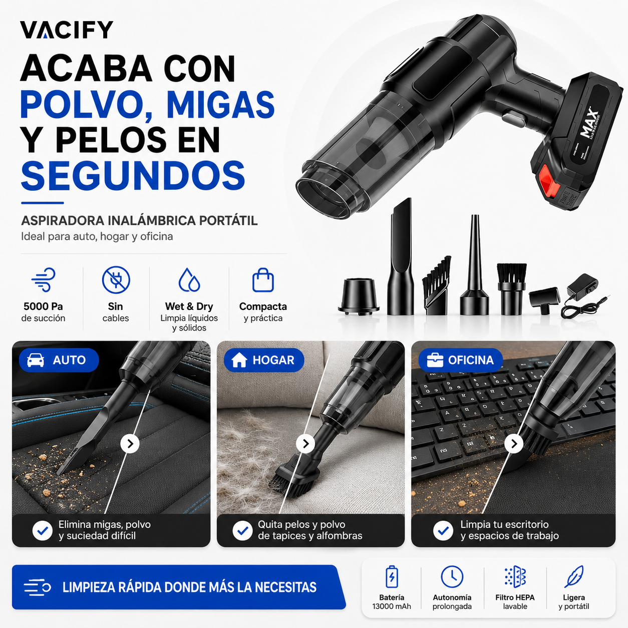 Aspiradora Inalámbrica Portátil Wet & Dry | Potente para Auto, Hogar y Oficina