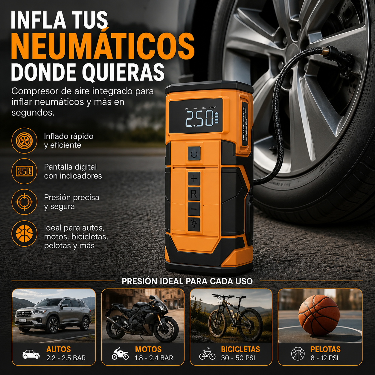 Partidor de Batería e Inflador de Neumáticos Portátil 2 en 1