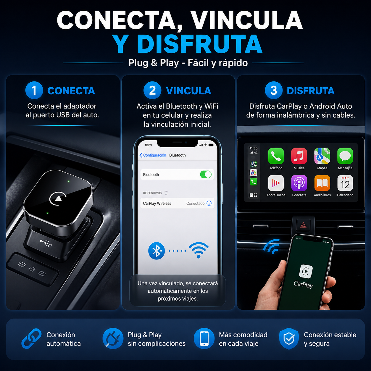 Adaptador CarPlay y Android Auto Inalámbrico 2 en 1