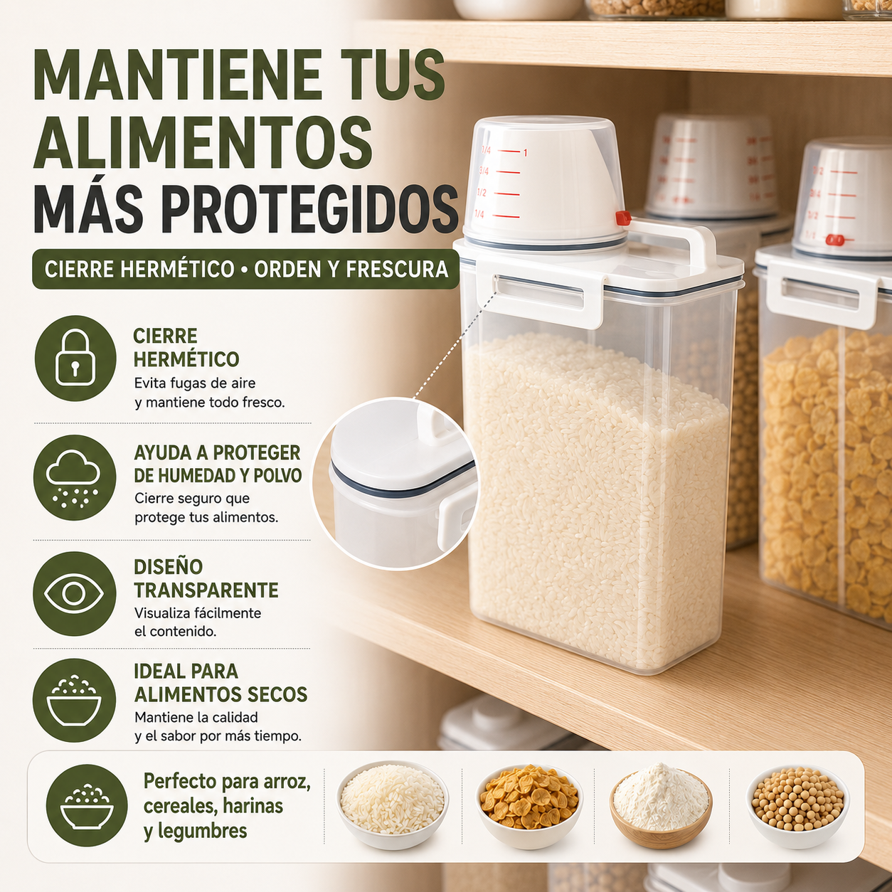 Contenedor Organizador de Cocina con Pico Dosificador y Tapa Medidora