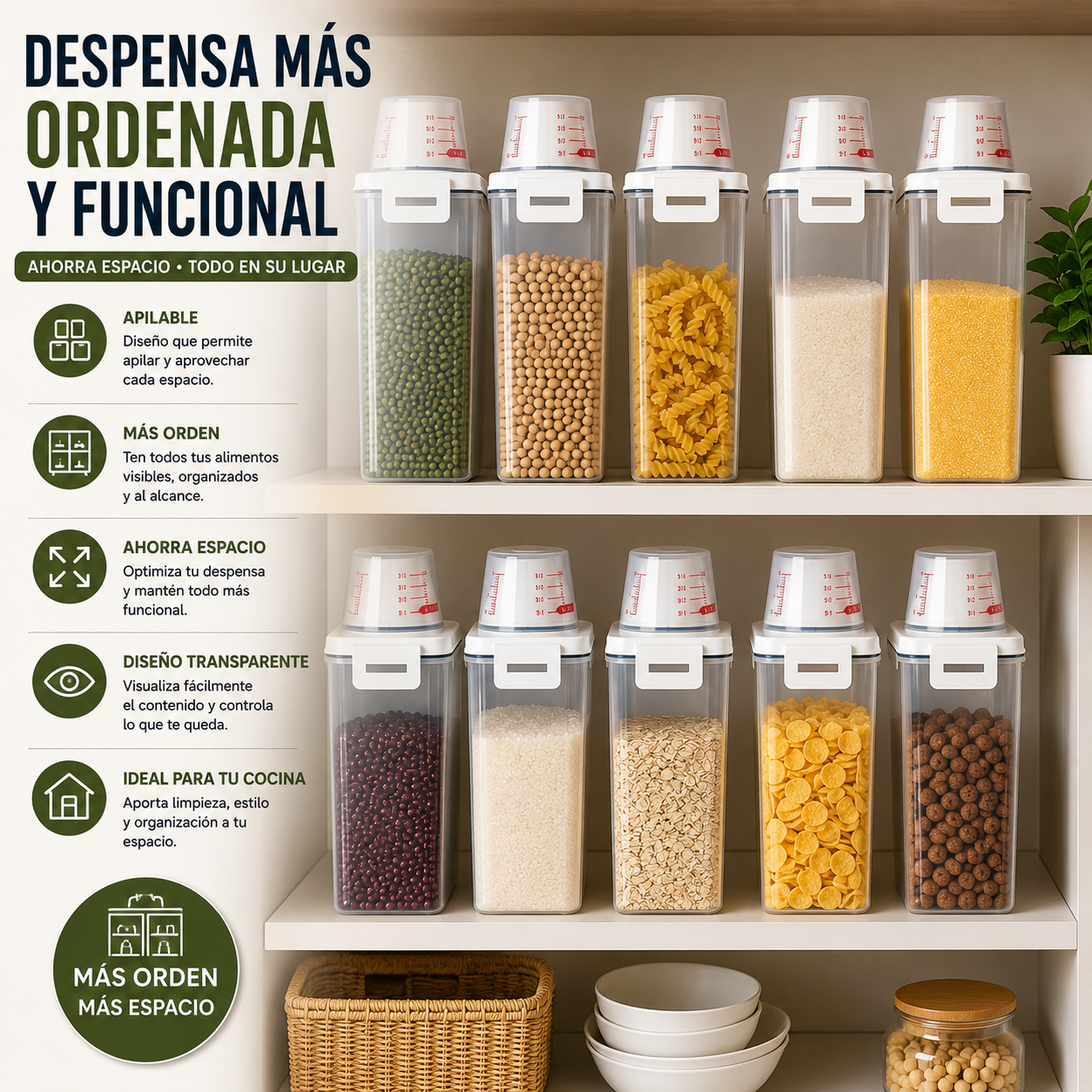 Contenedor Organizador de Cocina con Pico Dosificador y Tapa Medidora