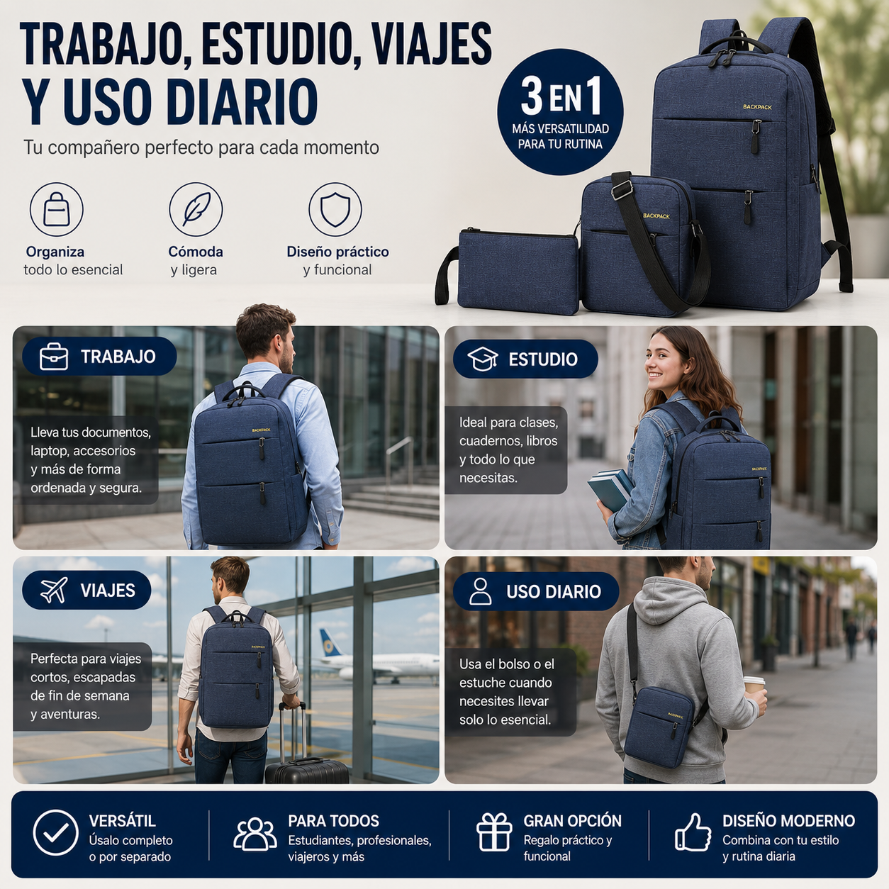 Mochila Multifuncional 3 en 1 para Trabajo, Estudio y Viajes
