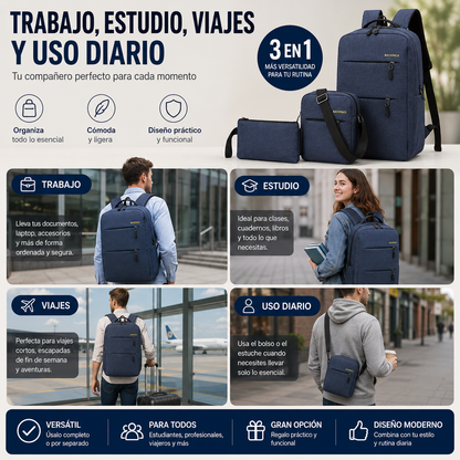 Mochila Multifuncional 3 en 1 para Trabajo, Estudio y Viajes