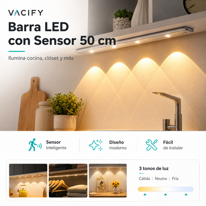 Barra LED con Sensor 50 cm para Cocina, Clóset y Muebles